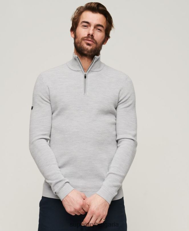 Superdry облекло N00H1252 светло сив мъже мериносов пуловер с половин цип