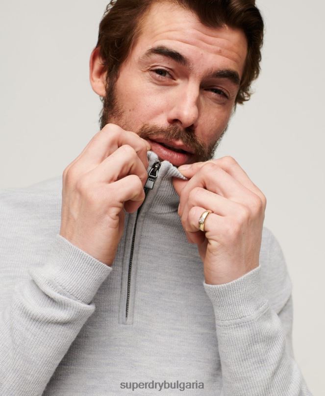 Superdry облекло N00H1252 светло сив мъже мериносов пуловер с половин цип