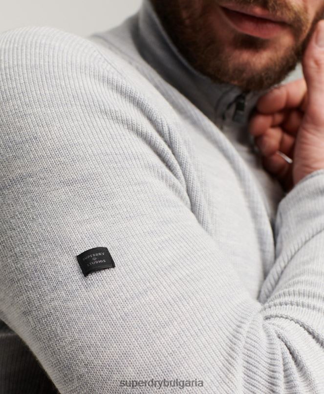 Superdry облекло N00H1252 светло сив мъже мериносов пуловер с половин цип
