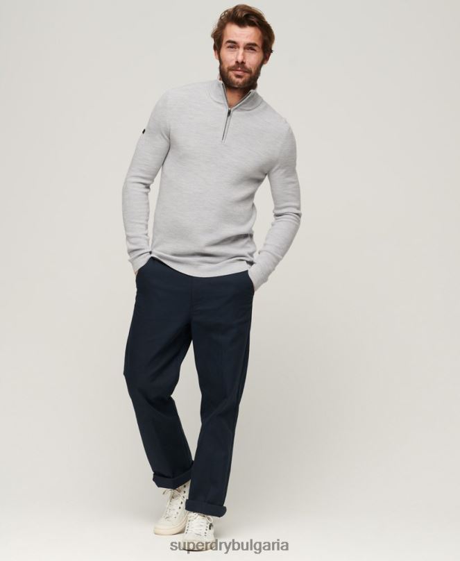 Superdry облекло N00H1252 светло сив мъже мериносов пуловер с половин цип