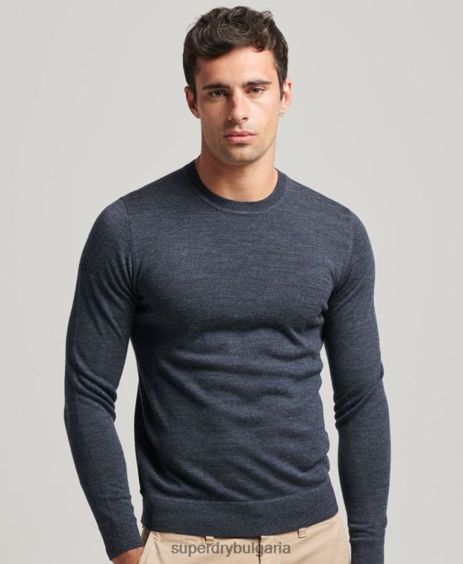 Superdry облекло N00H1260 син мъже мериносов пуловер с кръгла яка