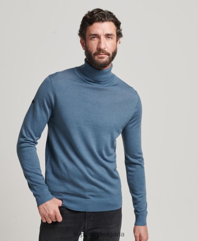 Superdry облекло N00H1278 син мъже мериносов пуловер с ролка
