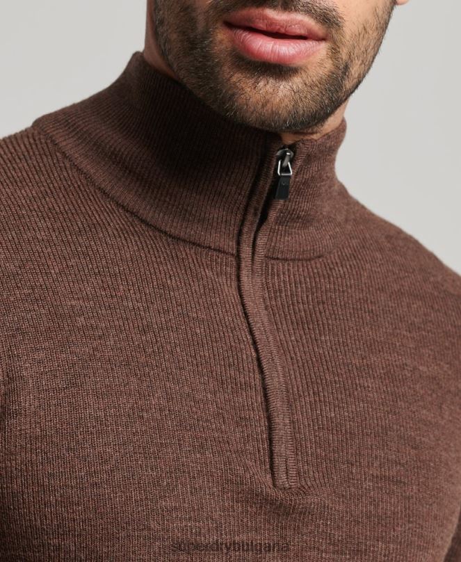 Superdry облекло N00H1316 кафяво мъже мериносов пуловер с половин цип