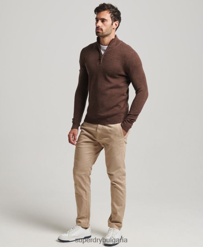 Superdry облекло N00H1316 кафяво мъже мериносов пуловер с половин цип