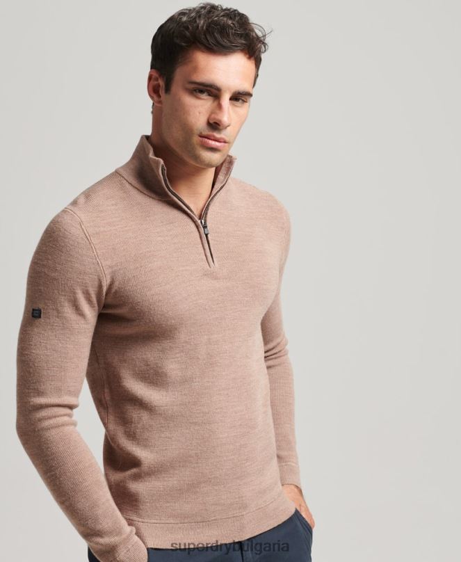 Superdry облекло N00H1318 бежово мъже мериносов пуловер с половин цип