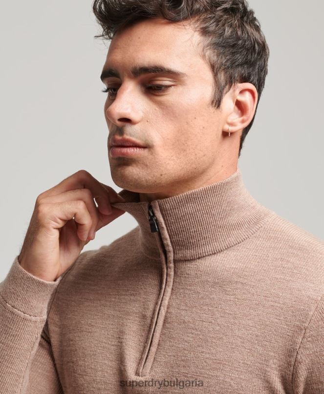 Superdry облекло N00H1318 бежово мъже мериносов пуловер с половин цип