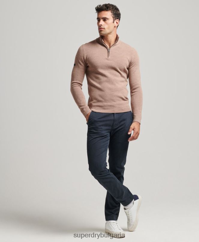 Superdry облекло N00H1318 бежово мъже мериносов пуловер с половин цип