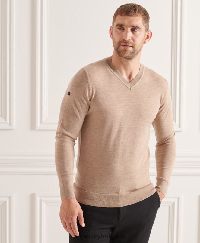 Superdry облекло N00H1320 кафяво мъже мериносов пуловер с v-образно деколте
