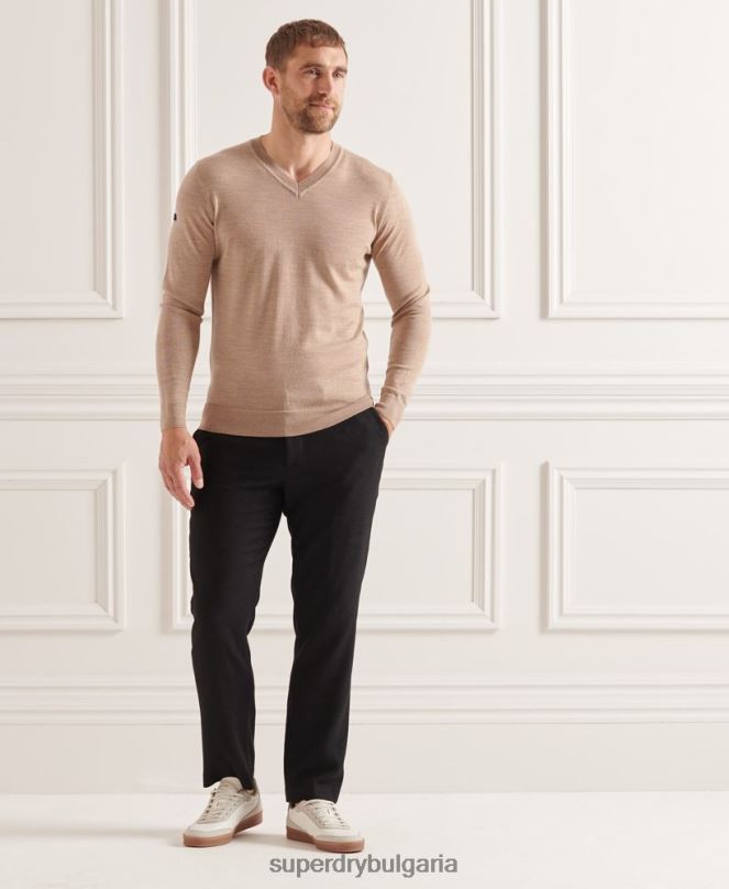 Superdry облекло N00H1320 кафяво мъже мериносов пуловер с v-образно деколте