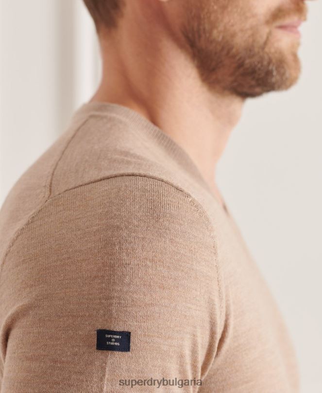 Superdry облекло N00H1320 кафяво мъже мериносов пуловер с v-образно деколте