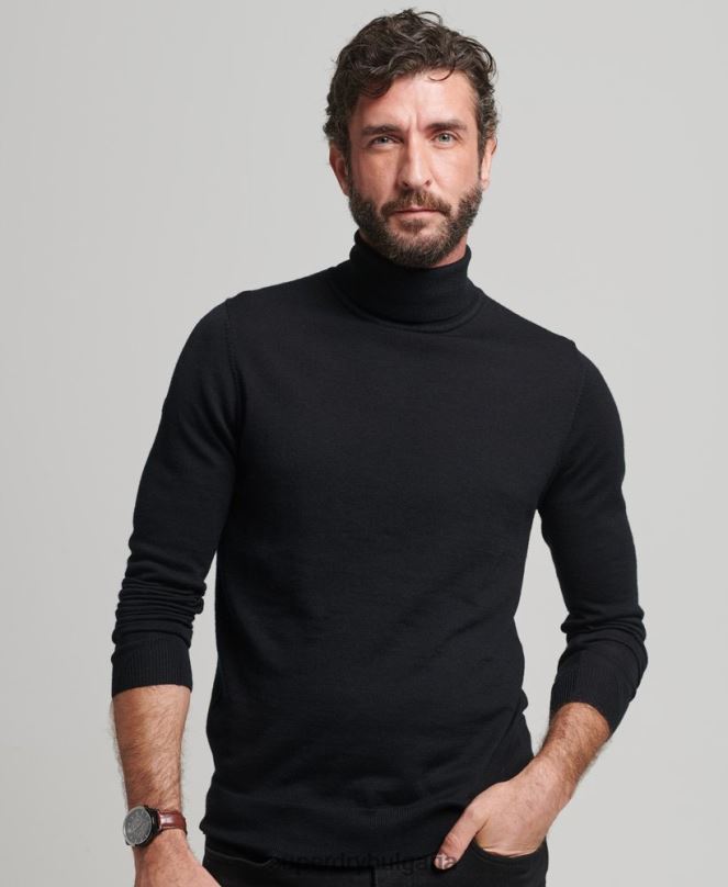 Superdry облекло N00H1321 черен мъже мериносов пуловер с ролка