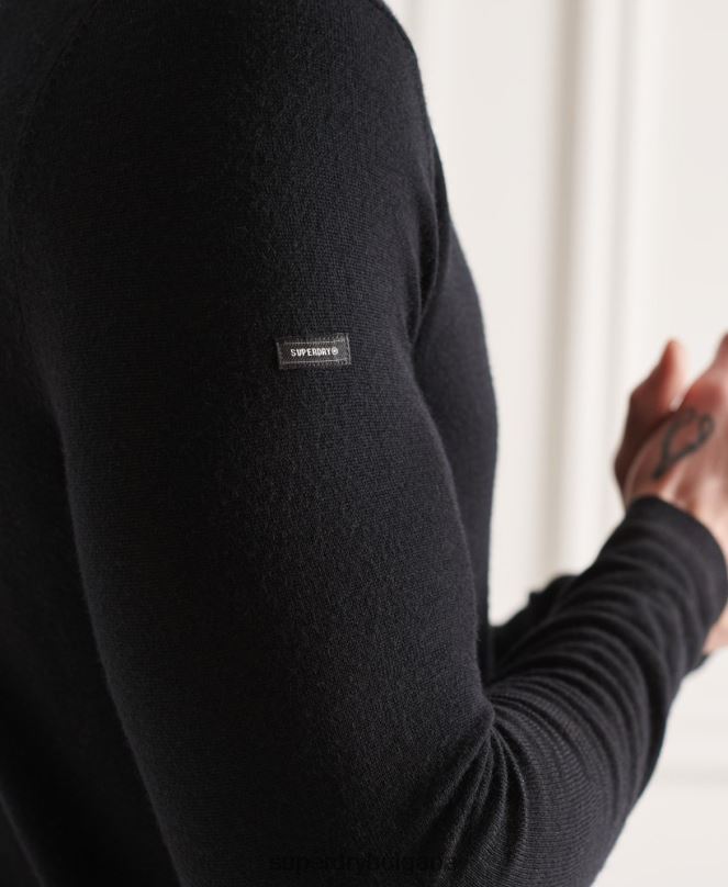 Superdry облекло N00H1332 черен мъже мериносов пуловер с деколте