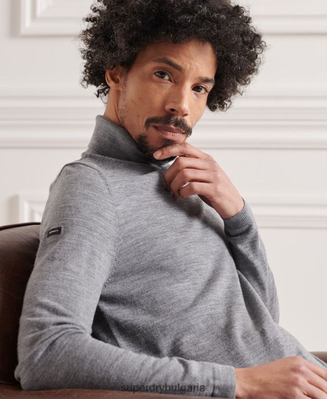 Superdry облекло N00H1335 светло сив мъже мериносов пуловер с деколте