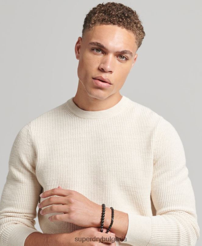Superdry облекло N00H1337 сметана мъже ретро текстуриран трикотажен пуловер