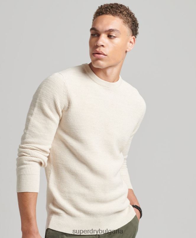 Superdry облекло N00H1337 сметана мъже ретро текстуриран трикотажен пуловер