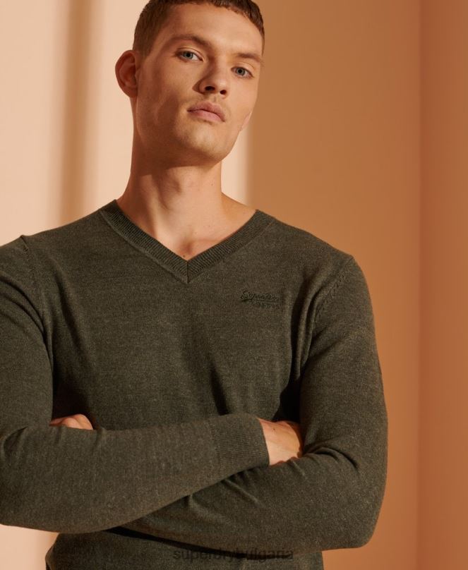 Superdry облекло N00H1352 зелено мъже пуловер с оранжев етикет с v-образно деколте