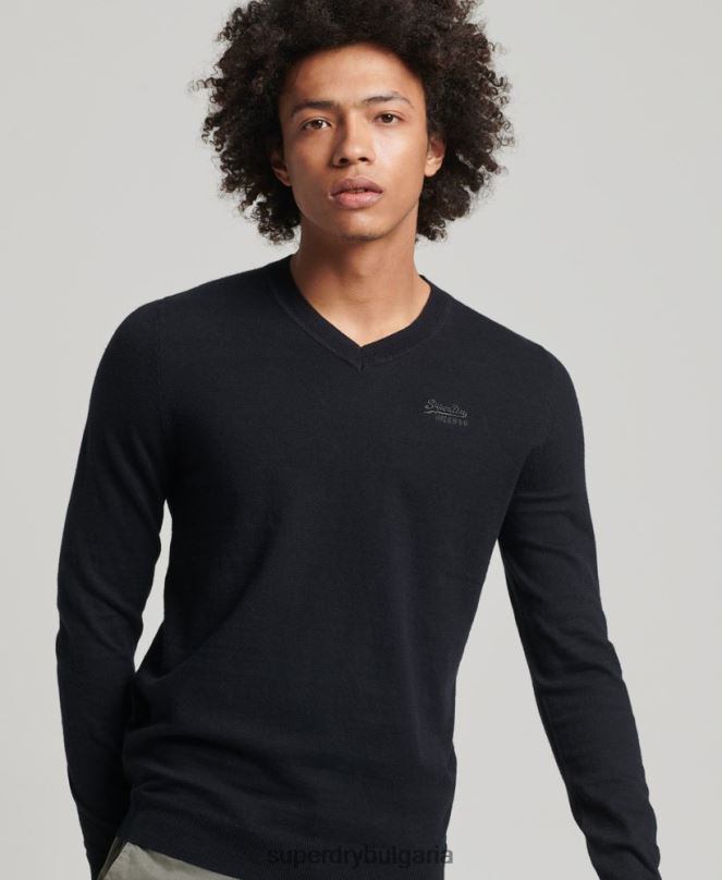 Superdry облекло N00H1353 черен мъже пуловер с оранжев етикет с v-образно деколте
