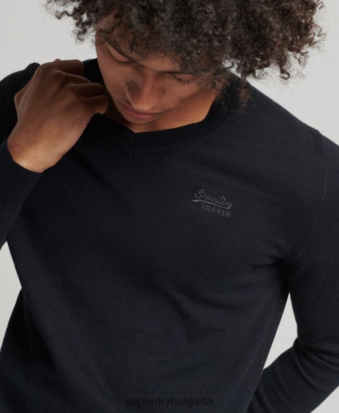 Superdry облекло N00H1353 черен мъже пуловер с оранжев етикет с v-образно деколте