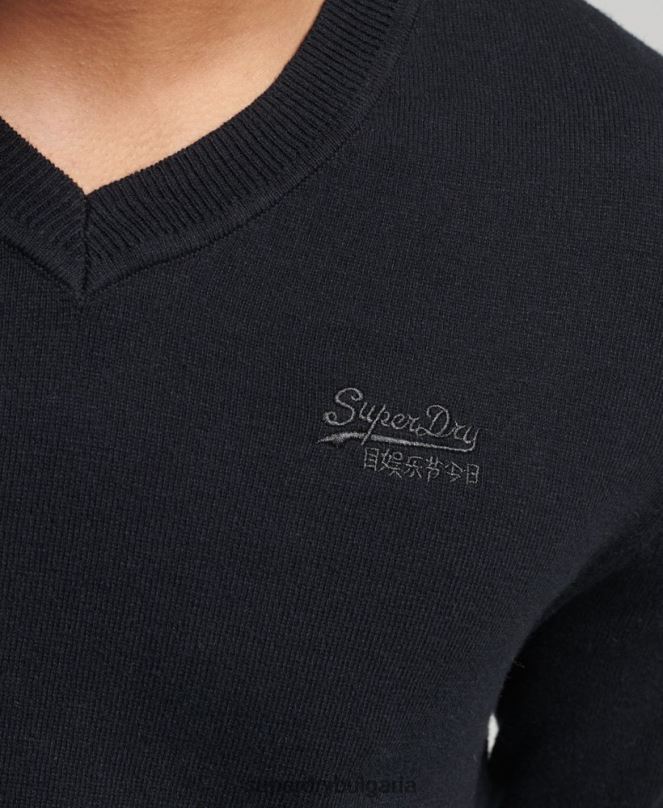Superdry облекло N00H1353 черен мъже пуловер с оранжев етикет с v-образно деколте