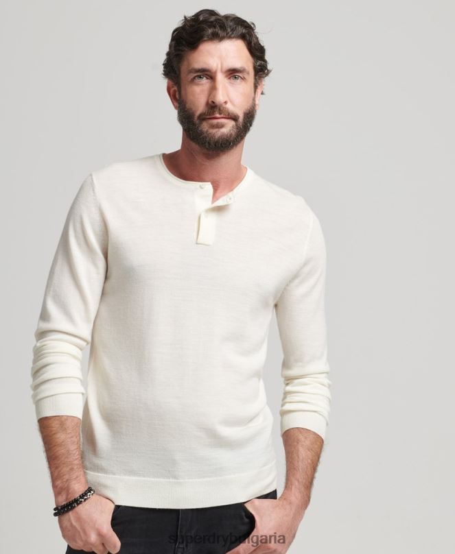 Superdry облекло N00H1520 сметана мъже трикотажно горнище с кръгло деколте от мерино