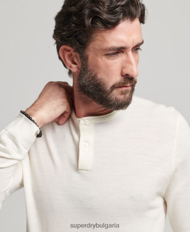 Superdry облекло N00H1520 сметана мъже трикотажно горнище с кръгло деколте от мерино
