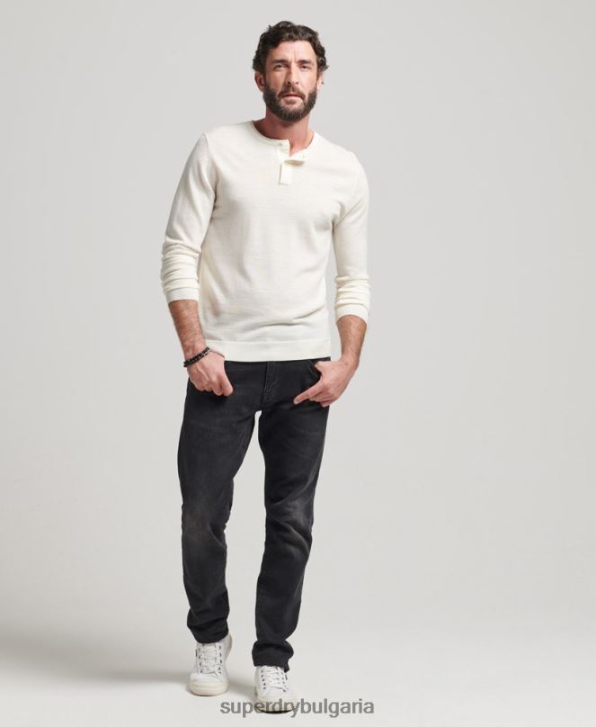 Superdry облекло N00H1520 сметана мъже трикотажно горнище с кръгло деколте от мерино