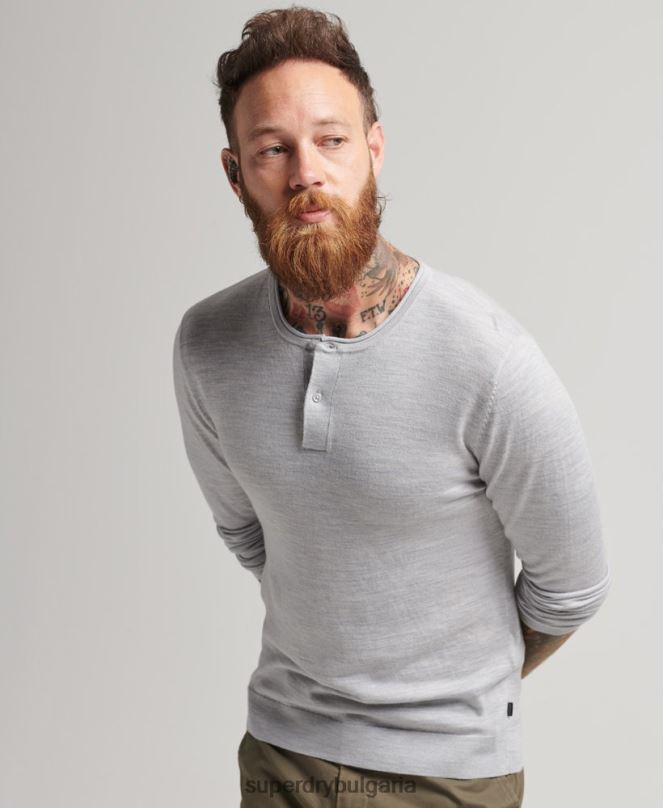 Superdry облекло N00H1521 светло сив мъже трикотажно горнище с кръгло деколте от мерино