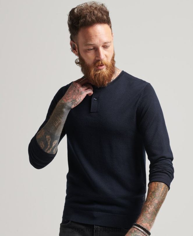 Superdry облекло N00H1522 военноморски флот мъже трикотажно горнище с кръгло деколте от мерино