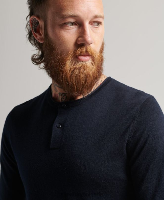 Superdry облекло N00H1522 военноморски флот мъже трикотажно горнище с кръгло деколте от мерино