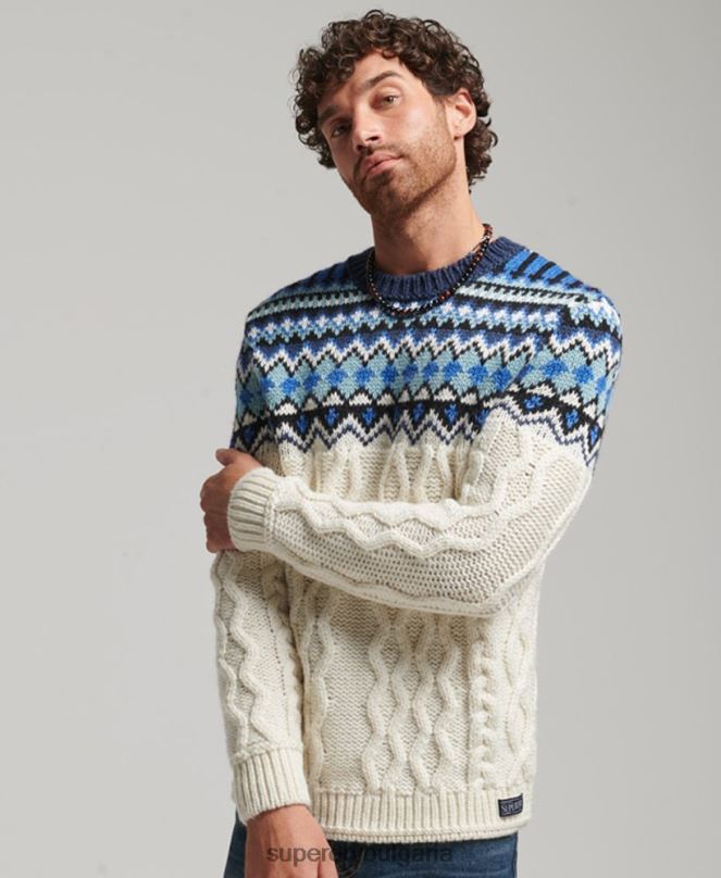 Superdry облекло N00H5244 сметана мъже плетен пуловер Fairisle Crew