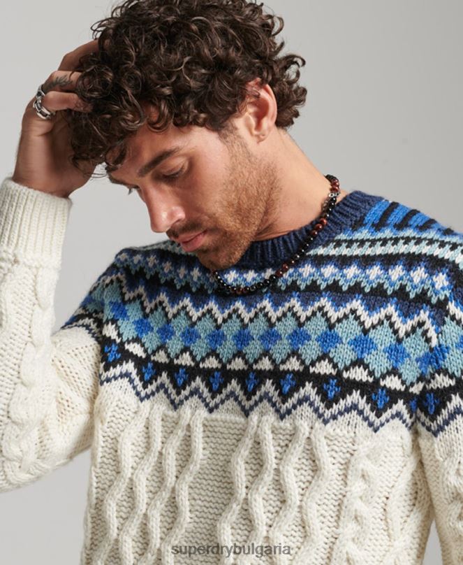 Superdry облекло N00H5244 сметана мъже плетен пуловер Fairisle Crew
