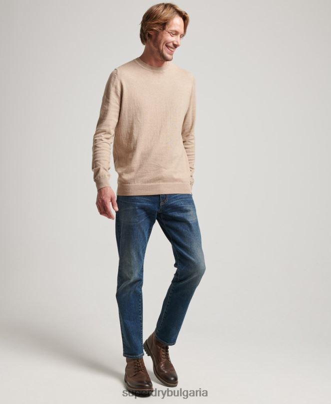 Superdry облекло N00H5264 бежово мъже кашмирен пуловер от органичен памук