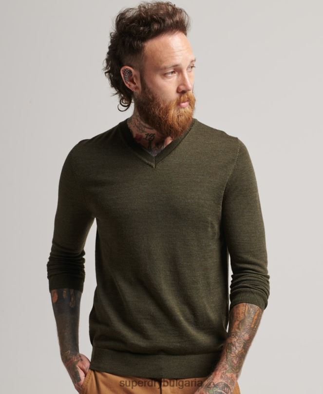 Superdry облекло N00H5285 каки мъже мериносов пуловер с v-образно деколте