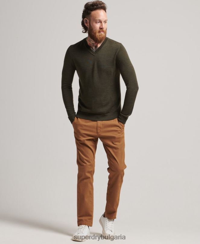 Superdry облекло N00H5285 каки мъже мериносов пуловер с v-образно деколте