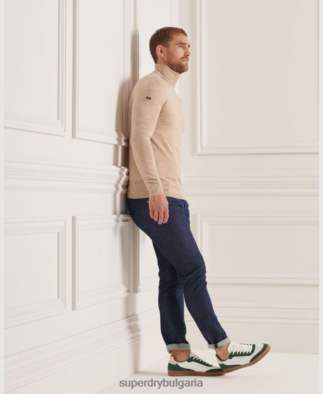 Superdry облекло N00H5310 бежово мъже мериносов пуловер с деколте studios