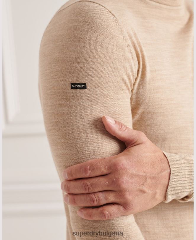 Superdry облекло N00H5310 бежово мъже мериносов пуловер с деколте studios