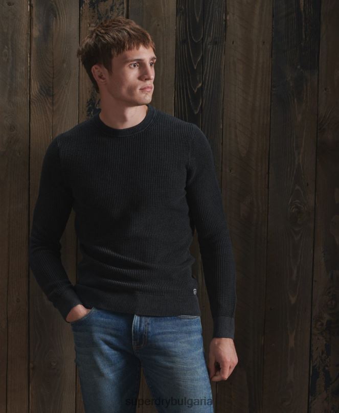Superdry облекло N00H5336 черен мъже академичен пуловер с боядисана текстура