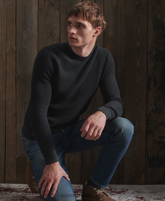 Superdry облекло N00H5336 черен мъже академичен пуловер с боядисана текстура