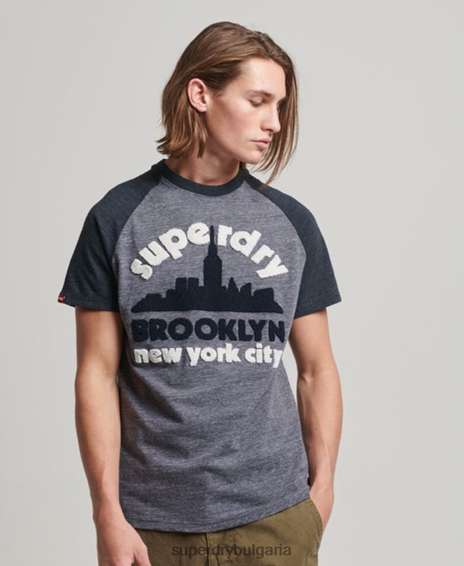 Superdry облекло N00H115 военноморски флот мъже реколта страхотна тениска тип реглан с апликации за открито