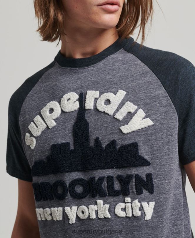 Superdry облекло N00H115 военноморски флот мъже реколта страхотна тениска тип реглан с апликации за открито