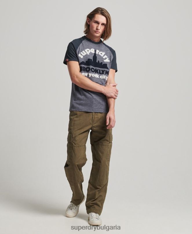 Superdry облекло N00H115 военноморски флот мъже реколта страхотна тениска тип реглан с апликации за открито