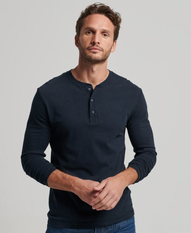 Superdry облекло N00H1457 военноморски флот мъже органичен памук реколта лого бродирани henley топ