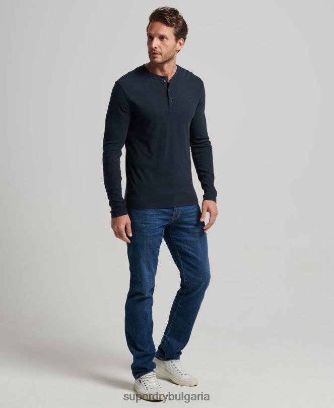 Superdry облекло N00H1457 военноморски флот мъже органичен памук реколта лого бродирани henley топ