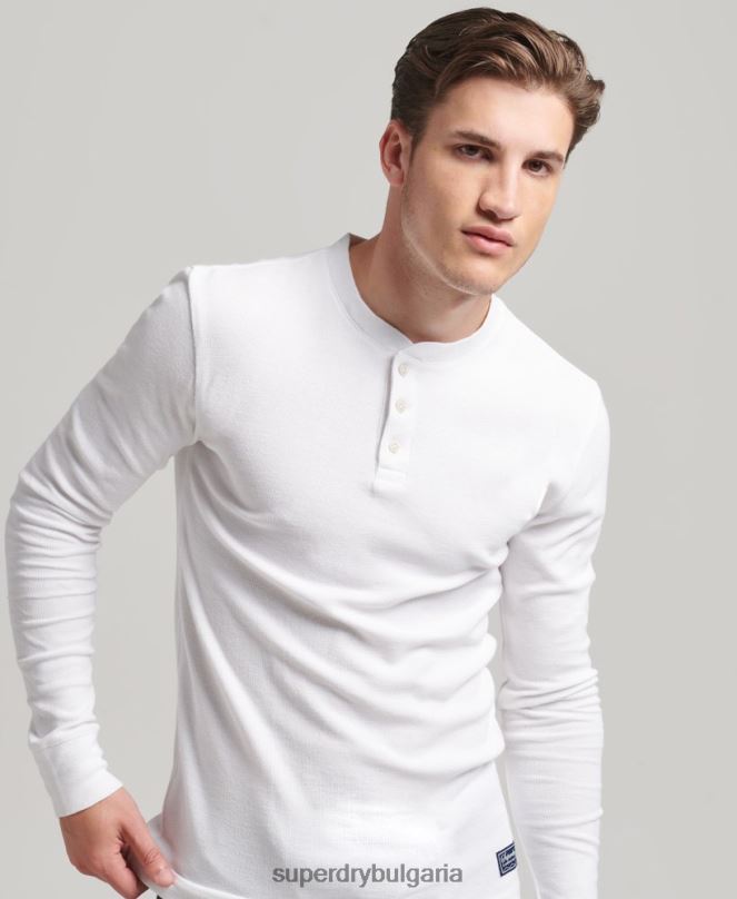 Superdry облекло N00H1463 бяло мъже вафлено горнище с дълъг ръкав от органичен памук