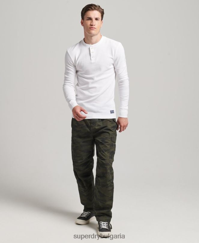Superdry облекло N00H1463 бяло мъже вафлено горнище с дълъг ръкав от органичен памук