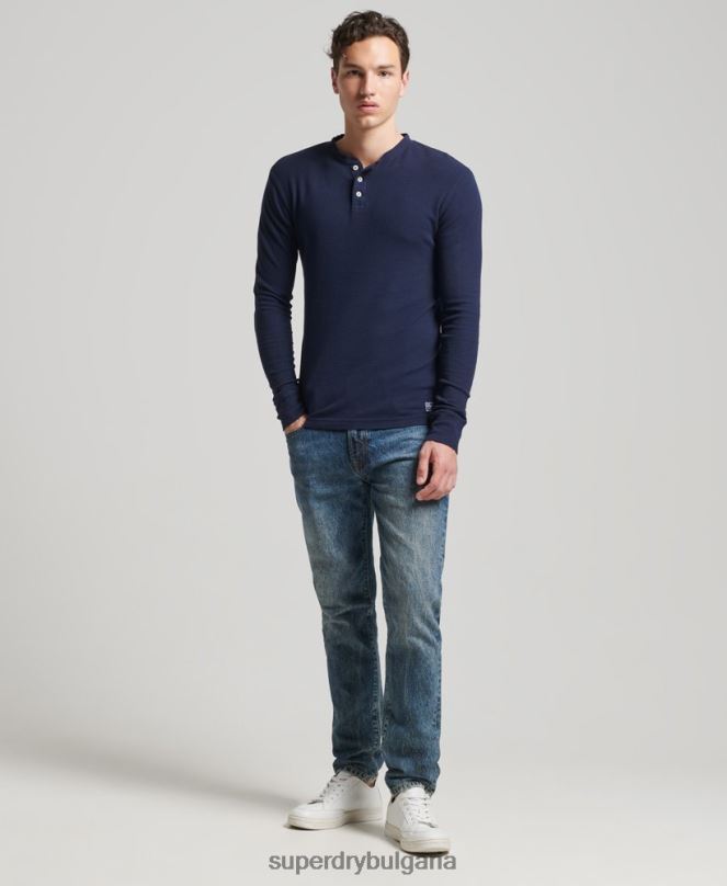 Superdry облекло N00H1465 военноморски флот мъже вафлено горнище с дълъг ръкав от органичен памук