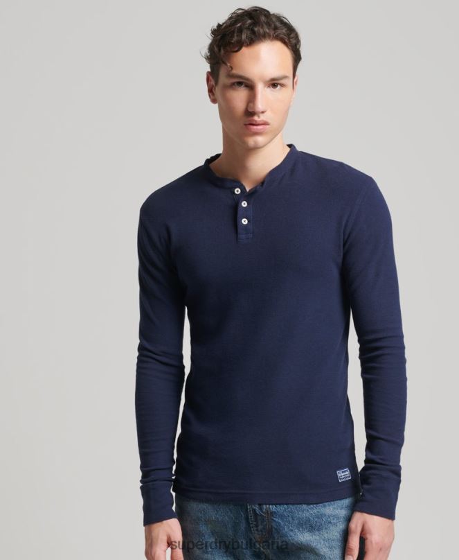 Superdry облекло N00H1465 военноморски флот мъже вафлено горнище с дълъг ръкав от органичен памук