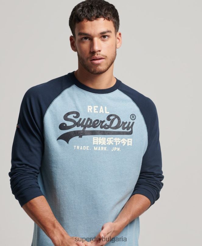 Superdry облекло N00H1467 син мъже реглан топ с ретро лого от органичен памук с дълъг ръкав