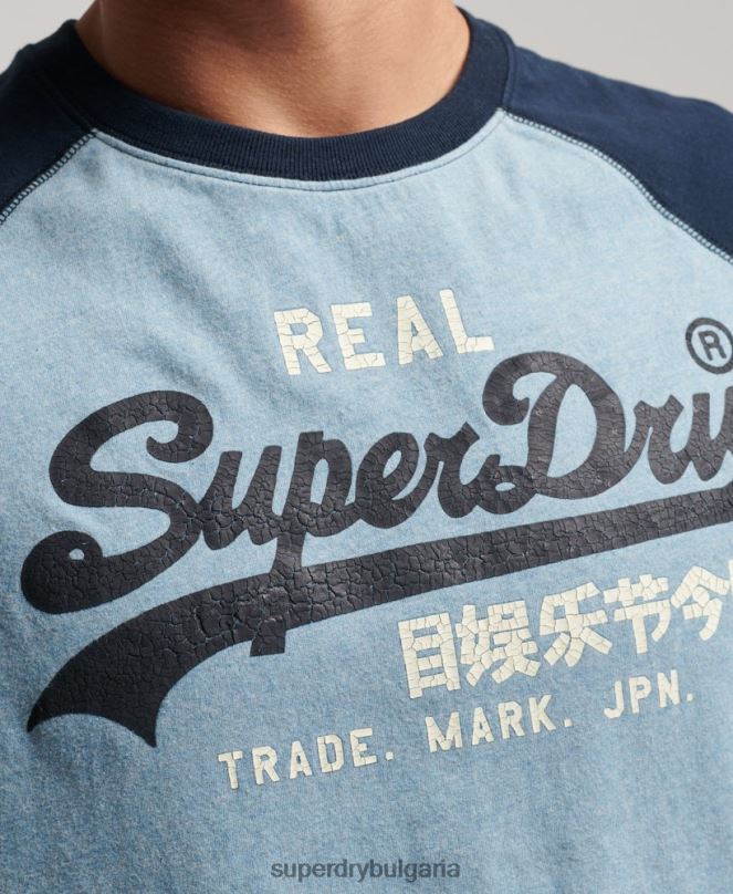 Superdry облекло N00H1467 син мъже реглан топ с ретро лого от органичен памук с дълъг ръкав