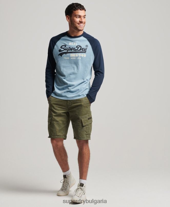 Superdry облекло N00H1467 син мъже реглан топ с ретро лого от органичен памук с дълъг ръкав